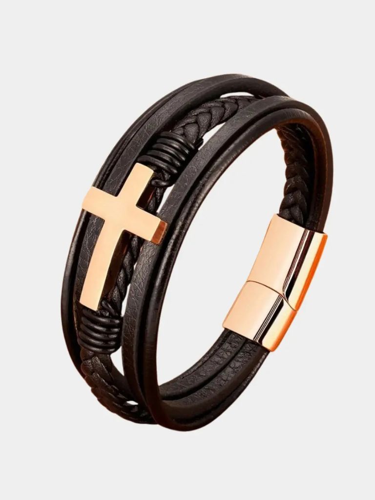 Multi Layer Steel Cross Leather Bracelet - Cross & Crown