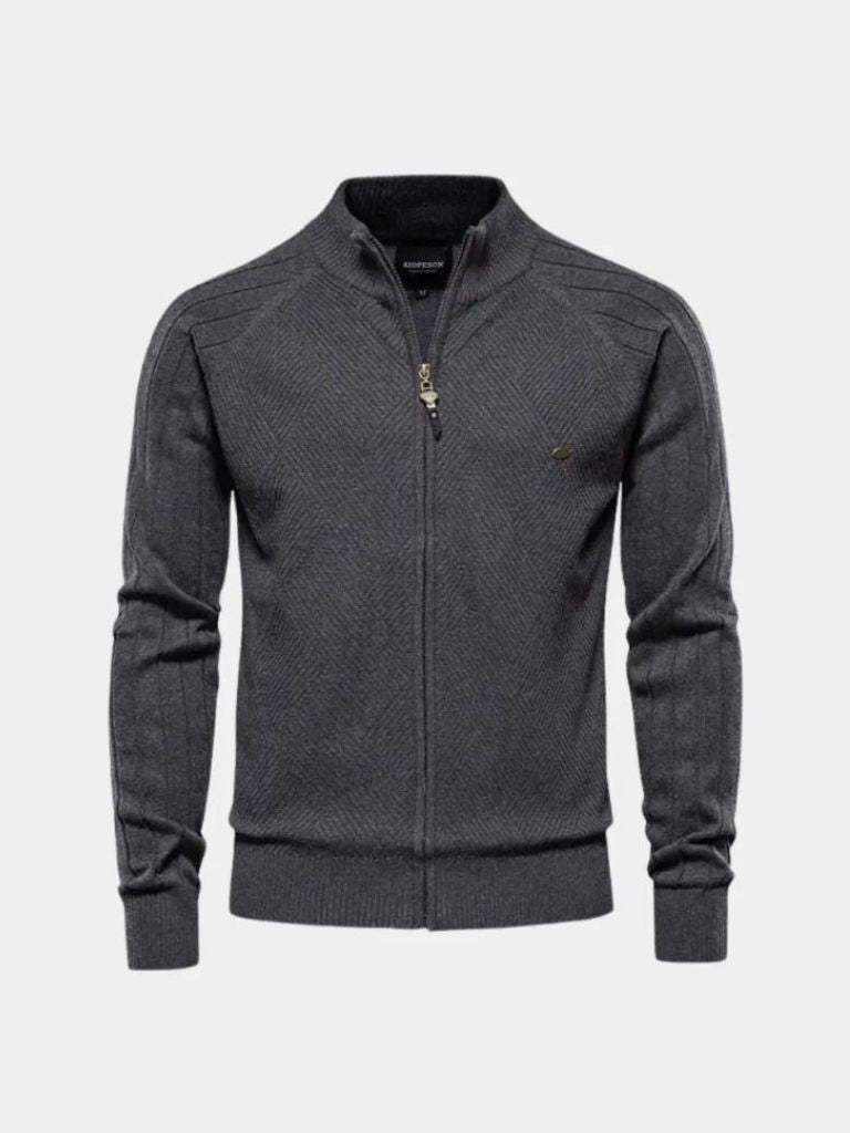 Knit Zipper Jacquard Solid Color Cardigan Sweater - Cross & Crown