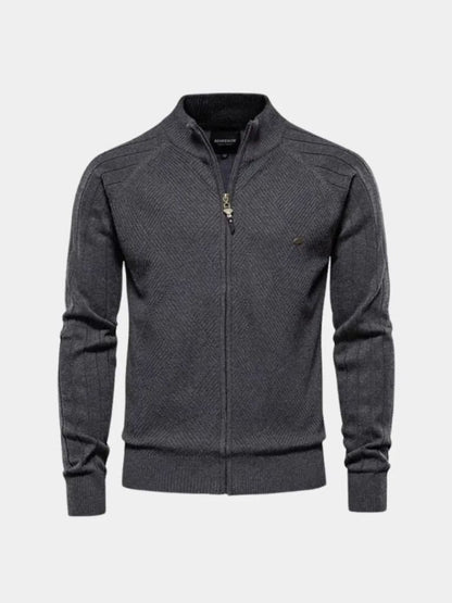 Knit Zipper Jacquard Solid Color Cardigan Sweater - Cross & Crown