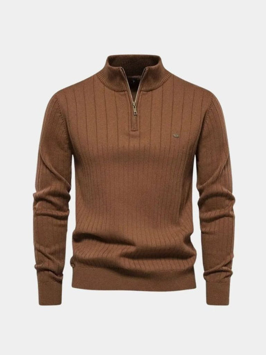 Cotton Knit Vertical Stripes Quarter-Zip Sweater - Cross & Crown