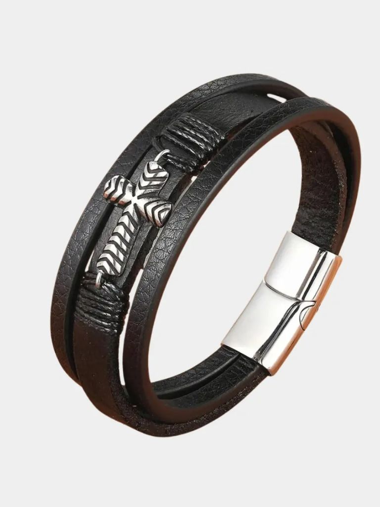 Multi Layer Steel Cross Leather Bracelet - Cross & Crown
