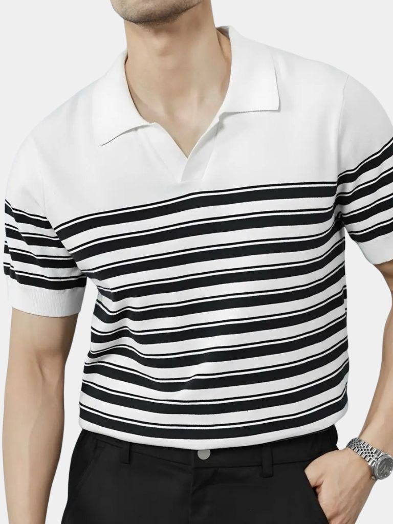 Classic Knit Striped Mesh Polo Shirt - Cross & Crown