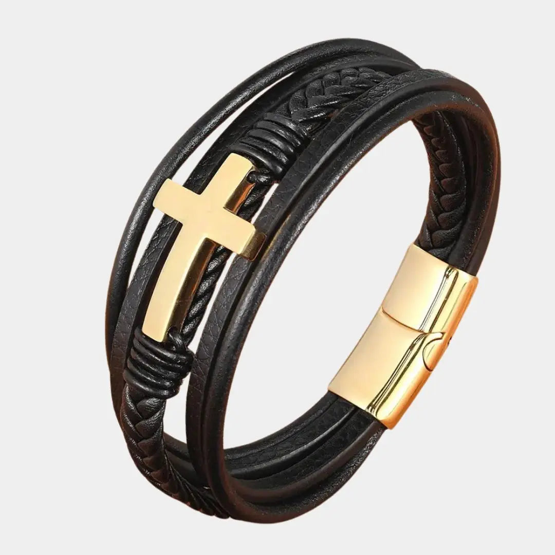 Multi Layer Cross Leather Bracelet - Cross & Crown Cross & Crown