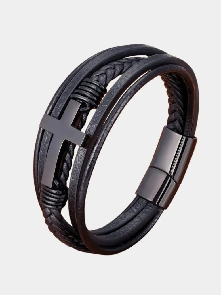 Multi Layer Steel Cross Leather Bracelet - Cross & Crown