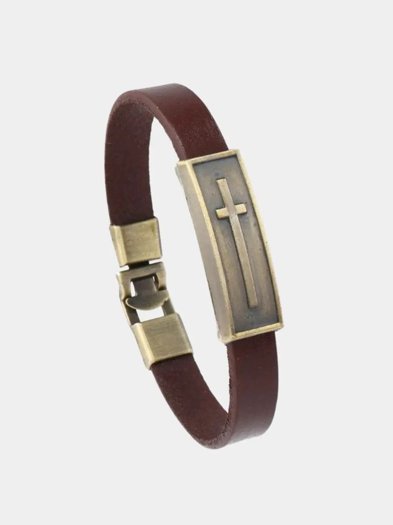 Minimalist Leather Cross Bracelet - Cross & Crown