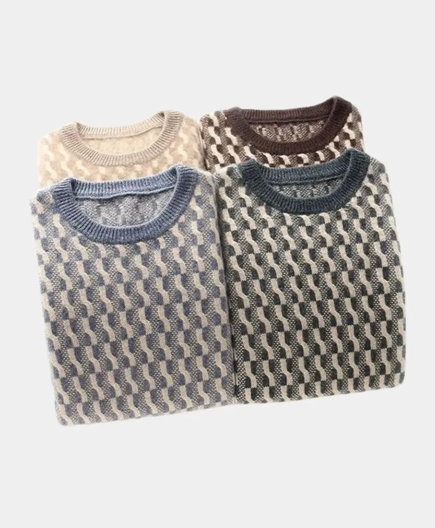 100% Wool Geometric Crew Neck Pullover Sweater - Cross & Crown