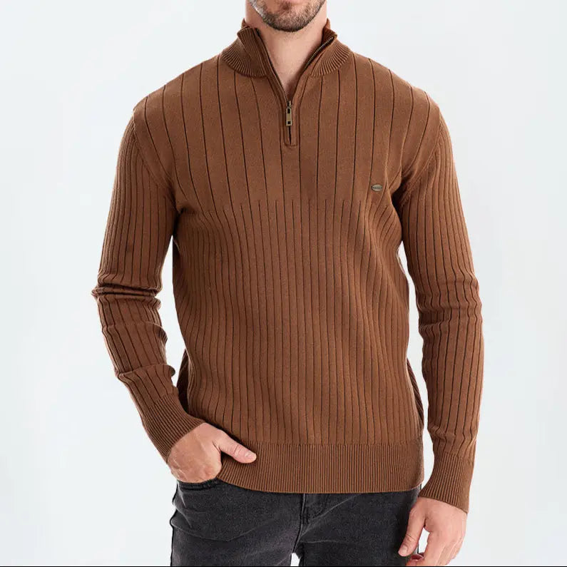 Cotton Knit Vertical Stripes Quarter-Zip Sweater - Cross & Crown Cross & Crown