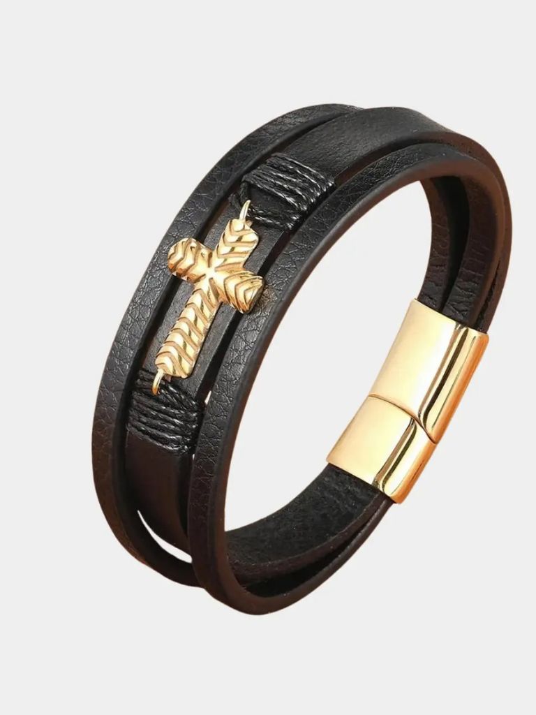 Multi Layer Steel Cross Leather Bracelet - Cross & Crown