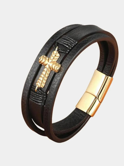Multi Layer Steel Cross Leather Bracelet - Cross & Crown