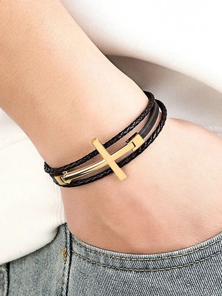 Multi Layer Steel Cross Leather Bracelet - Cross & Crown
