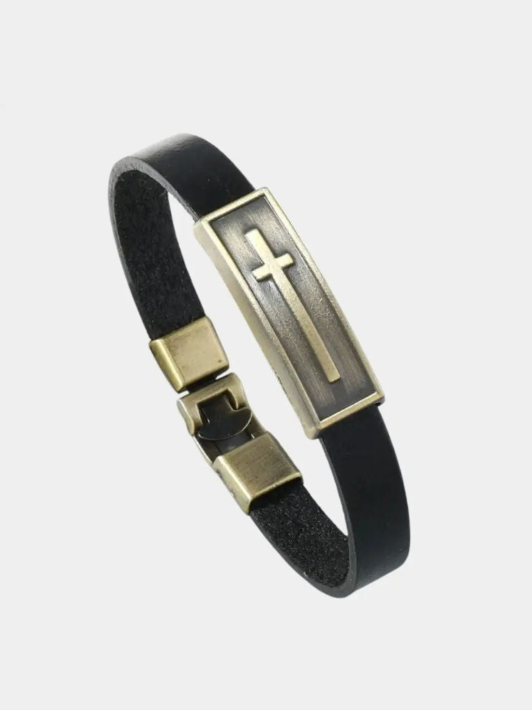 Minimalist Leather Cross Bracelet - Cross & Crown