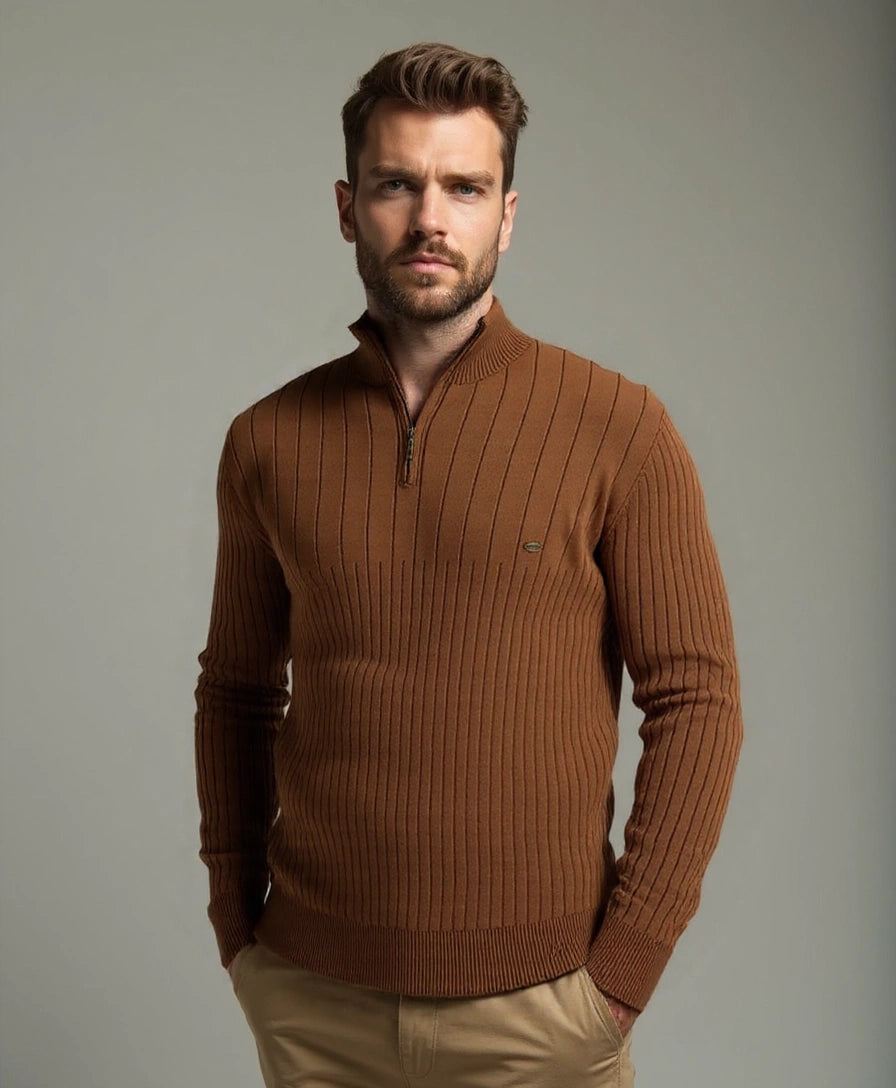 Cotton Knit Vertical Stripes Quarter-Zip Sweater - Cross & Crown