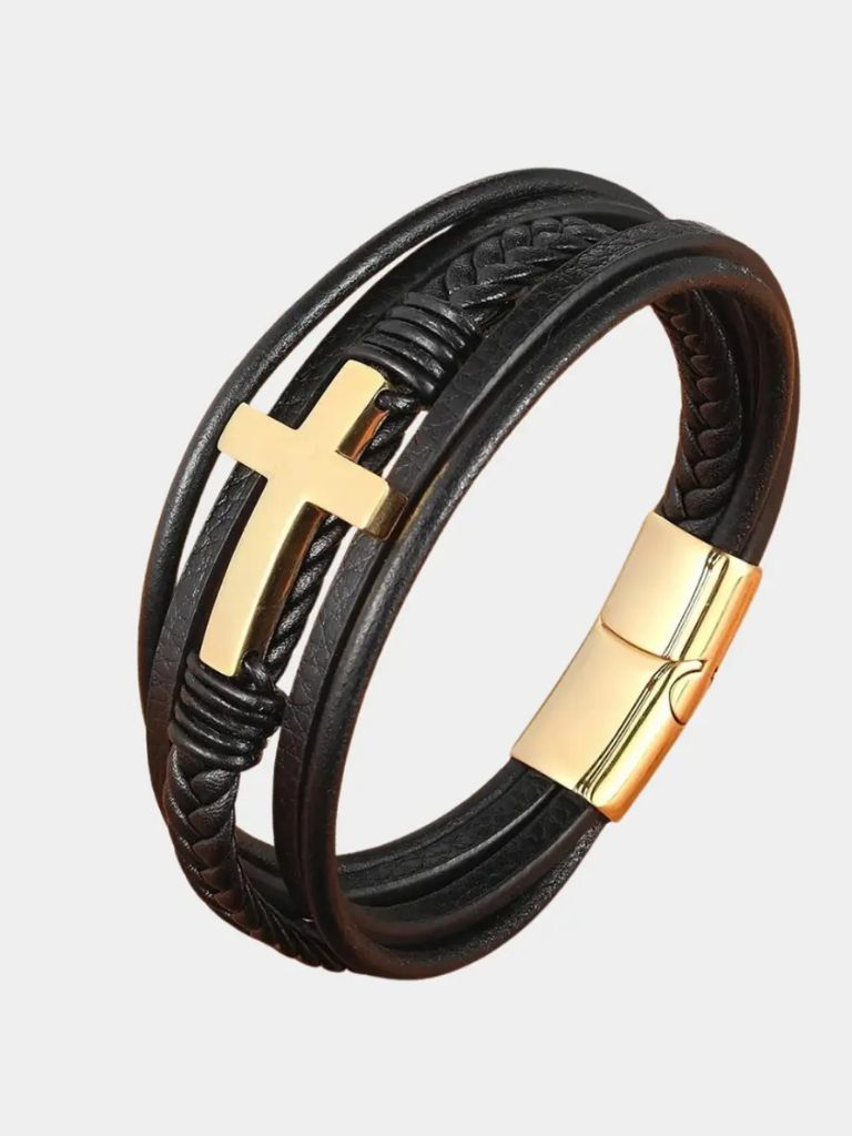 Multi Layer Steel Cross Leather Bracelet - Cross & Crown