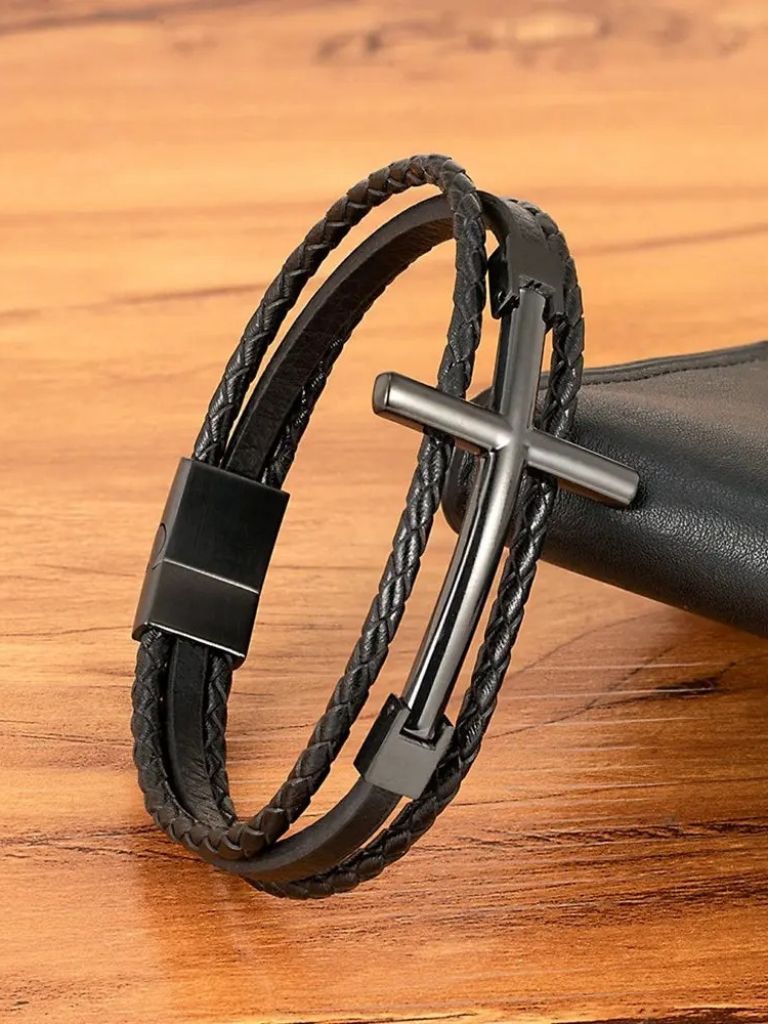 Multi Layer Steel Cross Leather Bracelet - Cross & Crown