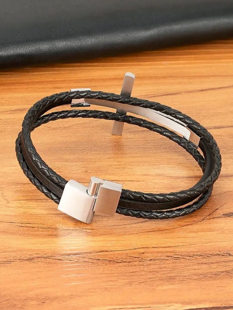 Multi Layer Steel Cross Leather Bracelet - Cross & Crown