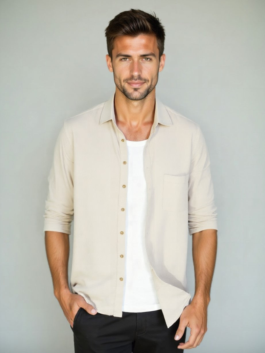 Camicia casual in velluto a coste tinta unita - <tc>Cross & Crown</tc>
