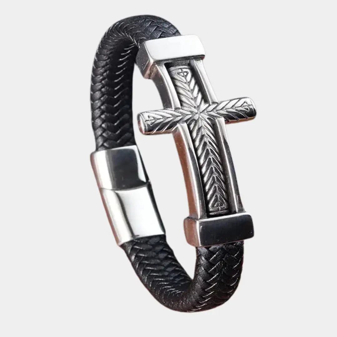 Stainless Steel Cross Leather Bracelet - Cross & Crown Cross & Crown