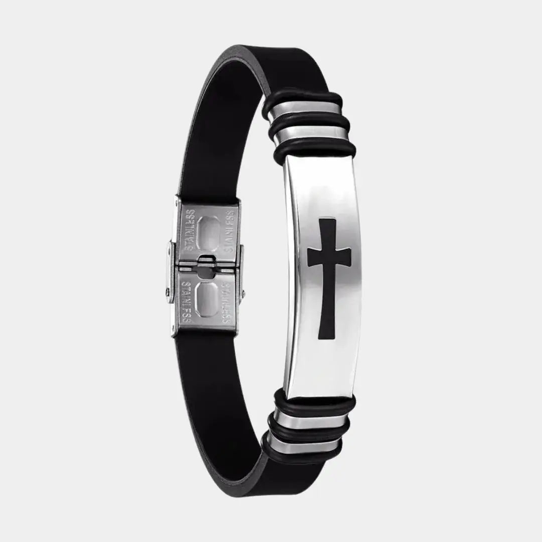 Stainless Steel Cross Bracelet Black Cold Silicone Wristband Cuff Clasp Bangle Christian Catholic Wrist Hand Jewelry Accessories Cross & Crown