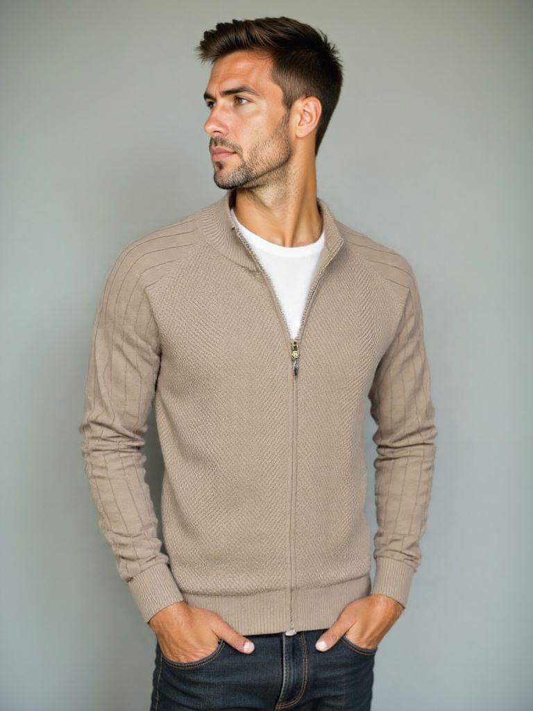 Knit Zipper Jacquard Solid Color Cardigan Sweater - Cross & Crown