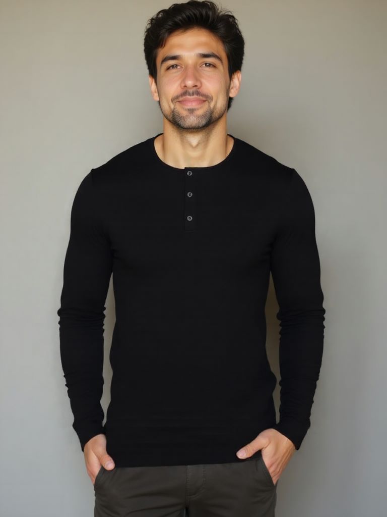 T-shirt minimalista a maniche lunghe con collo Henry - <tc>Cross & Crown</tc>