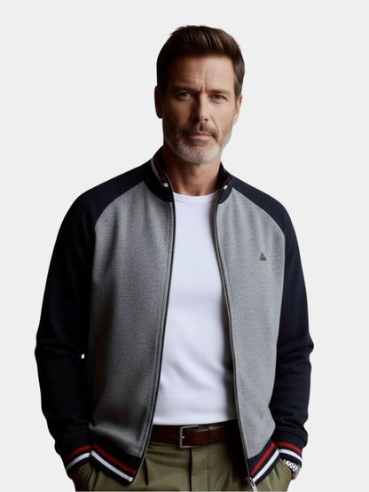 Zipper Color Block Standing Collar Cardigan Sweater - Cross & Crown