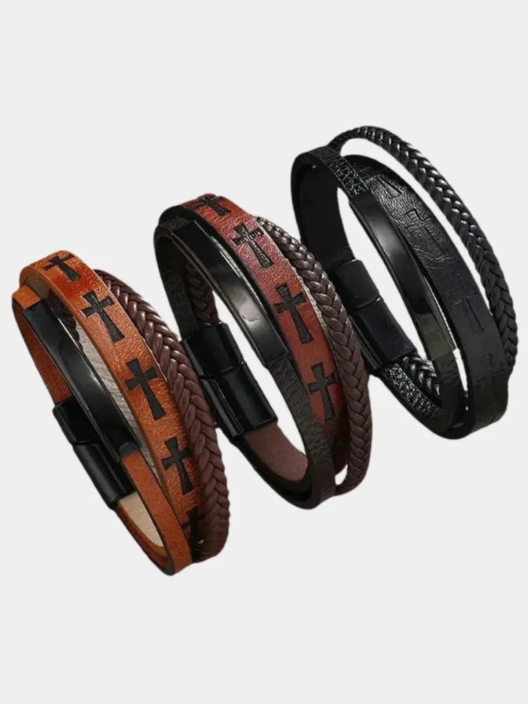 Braided Cross 3 Layer Leather Bracelet - Cross & Crown
