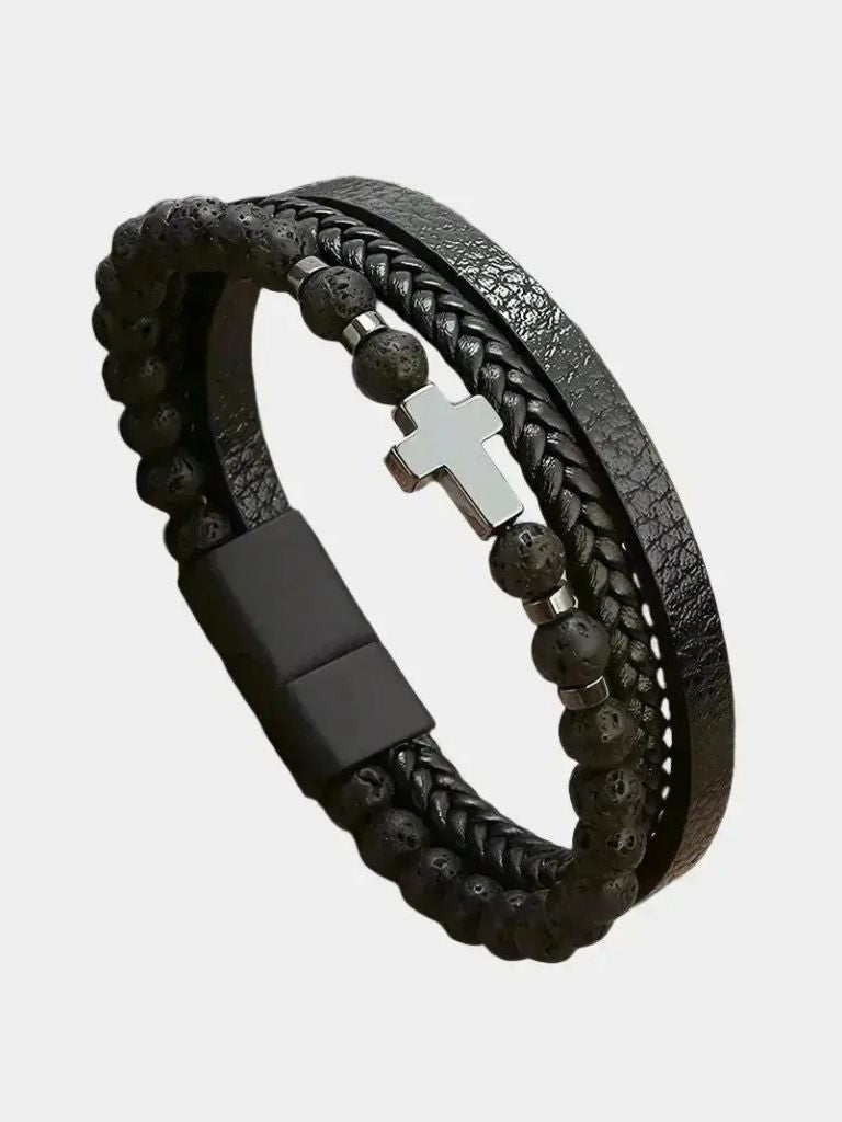 Pulsera de cuero cruzada de 3 capas - <tc>Cross & Crown</tc>