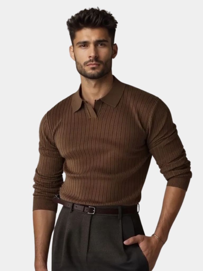 Elegant Open Collar Long Sleeve Polo - Cross & Crown