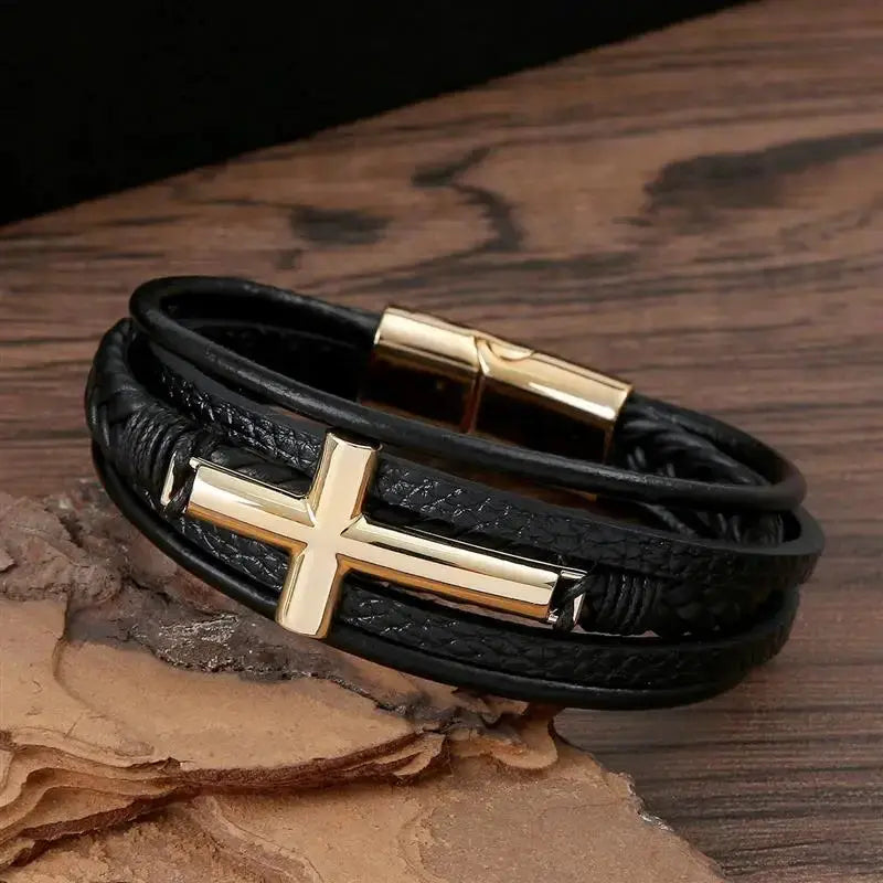 Multicolor Cross Design Classic Metal Clasp Men's Leather Bracelet 19/21/23cm Choose Handsome Christmas Gifts Male Jewelry Cross & Crown