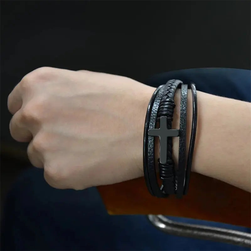 Classic Fashion Design Titanium Steel Cross Braided Leather Bracelet for Men's Stainless Steel Magnet Buckle Charm Bracelet Gift Cross & Crown