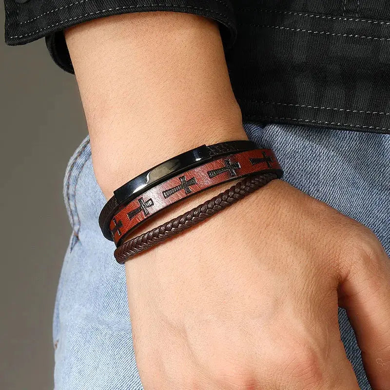 Multilayer Leather Braided Wrap Bracelets Mens Jesus Christ Cross Charm Leather Braclets Wristband Jewelry With Magnetic Clasp Cross & Crown