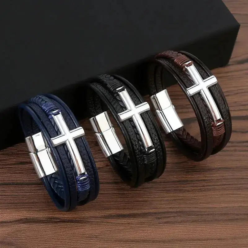 Multicolor Cross Design Classic Metal Clasp Men's Leather Bracelet 19/21/23cm Choose Handsome Christmas Gifts Male Jewelry Cross & Crown