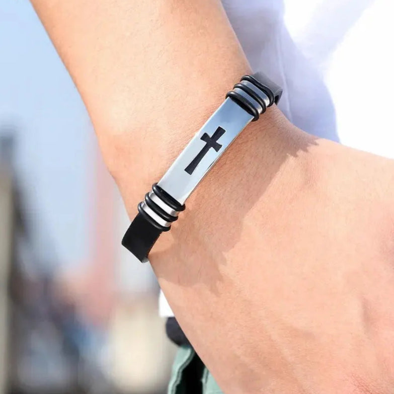 Stainless Steel Cross Bracelet Black Cold Silicone Wristband Cuff Clasp Bangle Christian Catholic Wrist Hand Jewelry Accessories Cross & Crown