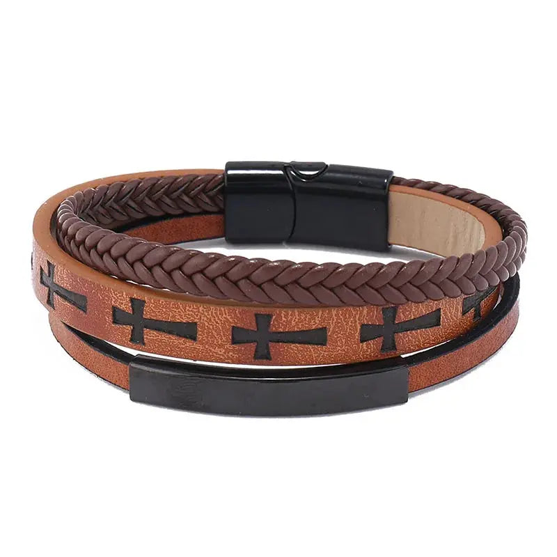 Multilayer Leather Braided Wrap Bracelets Mens Jesus Christ Cross Charm Leather Braclets Wristband Jewelry With Magnetic Clasp Cross & Crown