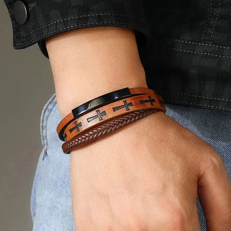 Multilayer Leather Braided Wrap Bracelets Mens Jesus Christ Cross Charm Leather Braclets Wristband Jewelry With Magnetic Clasp Cross & Crown