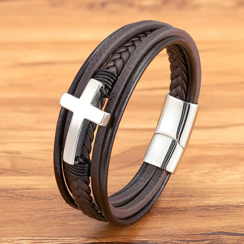 XQNI Punk Cross Design Leather Bracelet Classic Stainless Steel Men's Bangles Jewelry Luxury Multicolor Handsome Christmas Gifts Cross & Crown