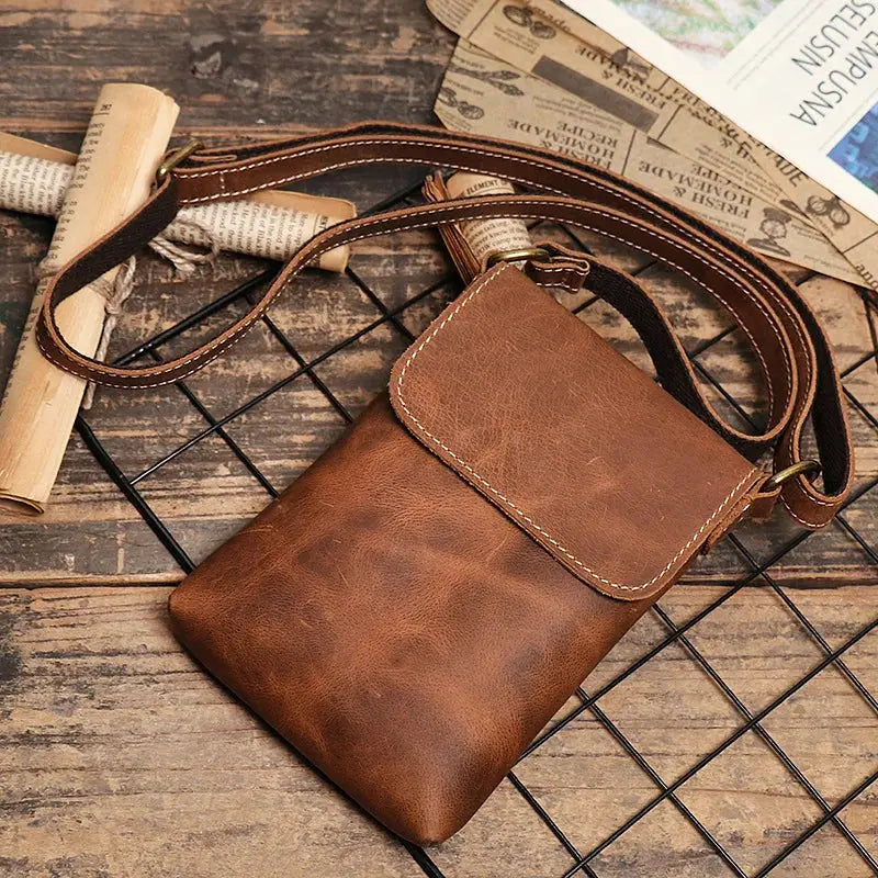 Genuine Leather Cellphone Pouch With Shoulder Strap Men Women Shoulder Bag Small Crossbody Bag Fashion Sling Bag For Outdoor Cross & Crown