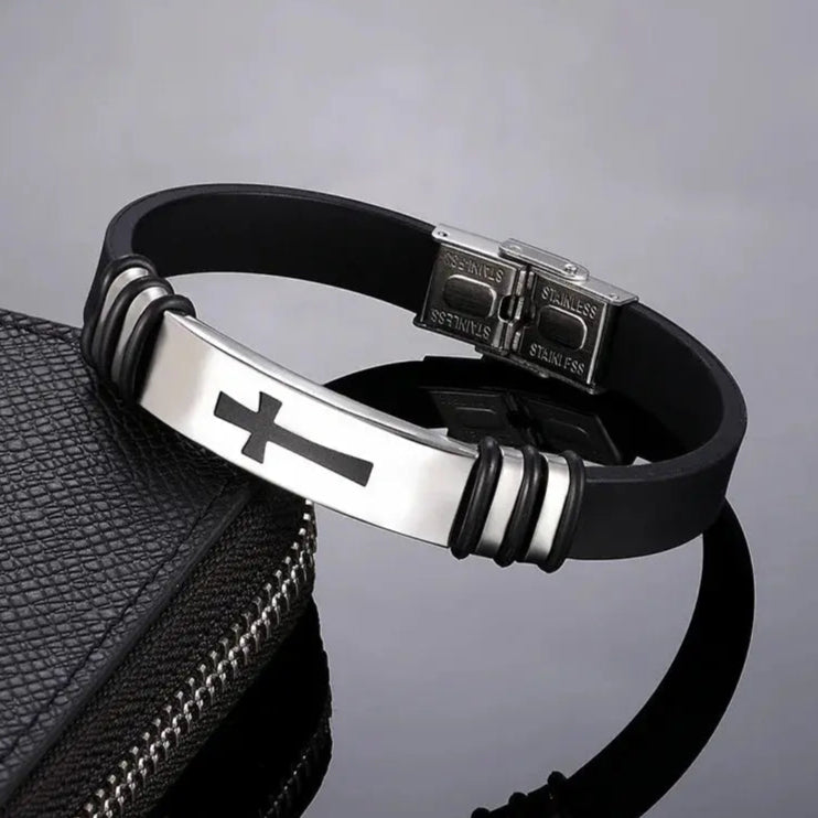 Stainless Steel Cross Bracelet Black Cold Silicone Wristband Cuff Clasp Bangle Christian Catholic Wrist Hand Jewelry Accessories Cross & Crown