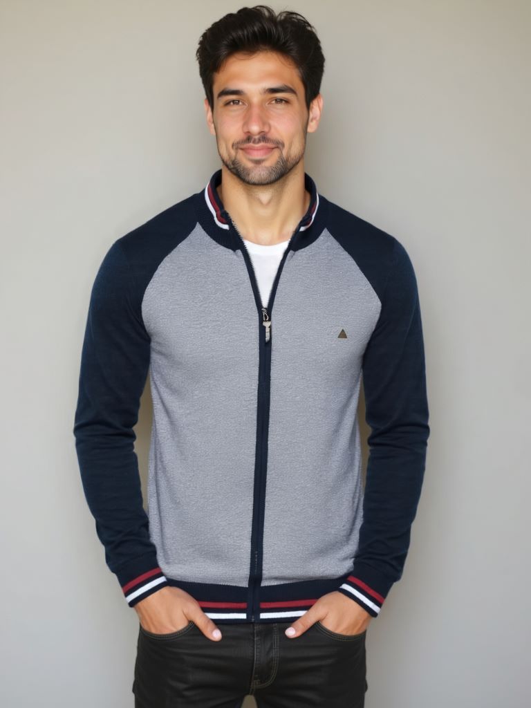 Zipper Color Block Standing Collar Cardigan Sweater - Cross & Crown