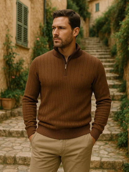 Cotton Knit Vertical Stripes Quarter - Zip Sweater - Cross & Crown - Cross & Crown