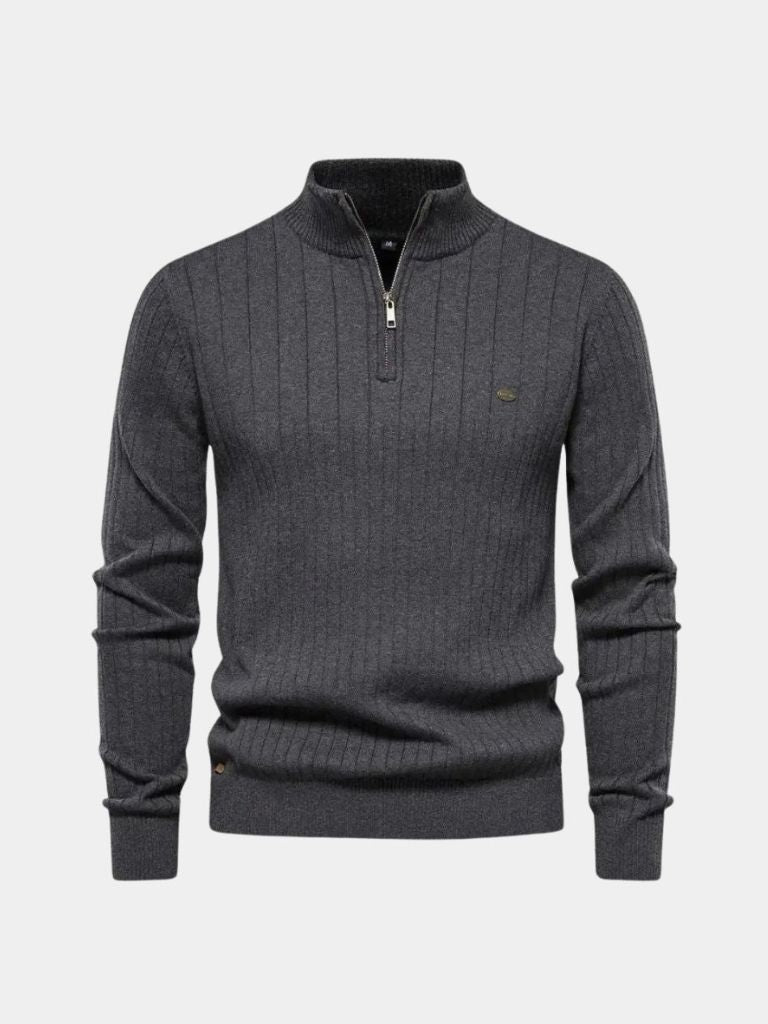 Cotton Knit Vertical Stripes Quarter - Zip Sweater - Cross & Crown - Cross & Crown