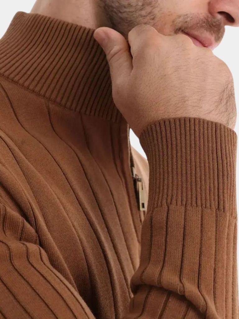 Cotton Knit Vertical Stripes Quarter - Zip Sweater - Cross & Crown - Cross & Crown