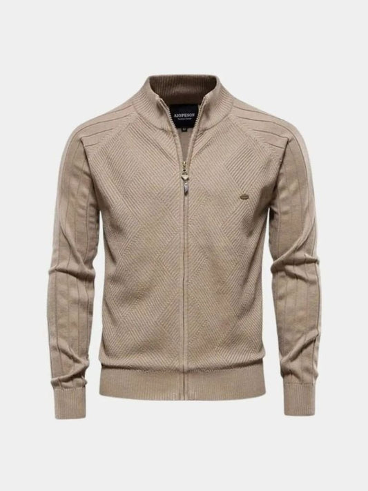 Knit Zipper Jacquard Solid Color Cardigan Sweater - Cross & Crown - Cross & Crown