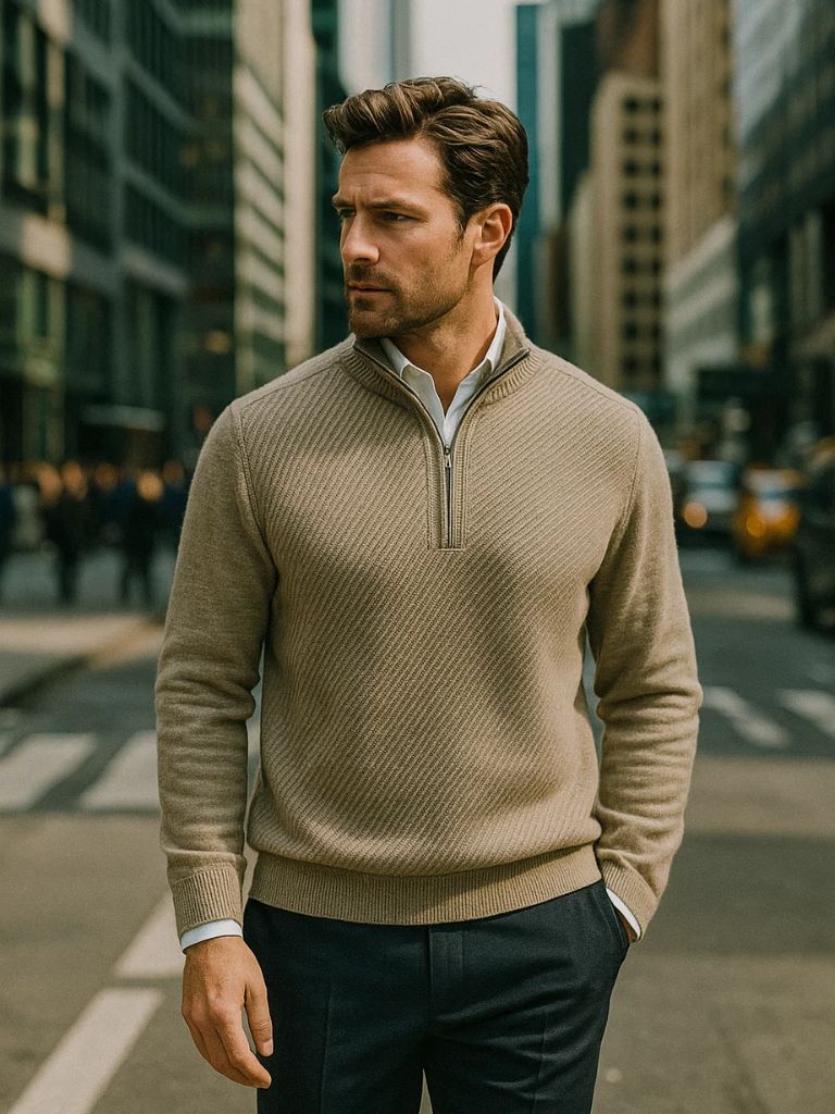 Stripe Quarter Zip Wool Sweater - Cross & Crown - Cross & Crown