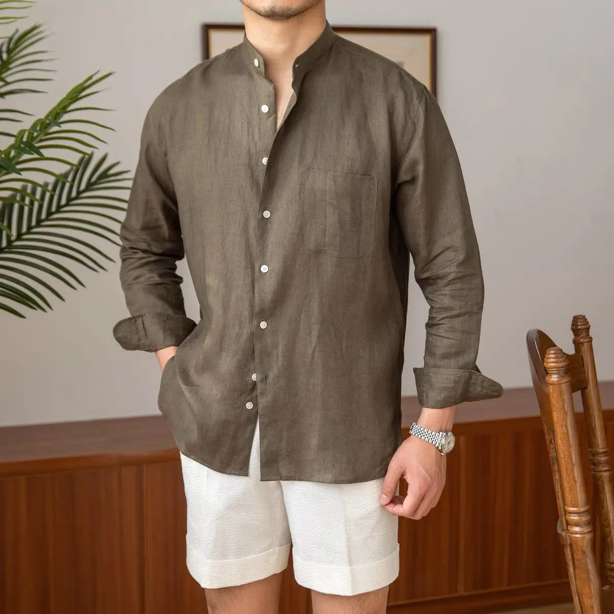 Mandarin Colar Linen Shirt - Cross & Crown Cross & Crown