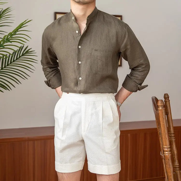 Mandarin Colar Linen Shirt - Cross & Crown Cross & Crown