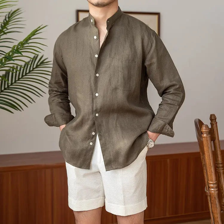 Mandarin Colar Linen Shirt - Cross & Crown Cross & Crown