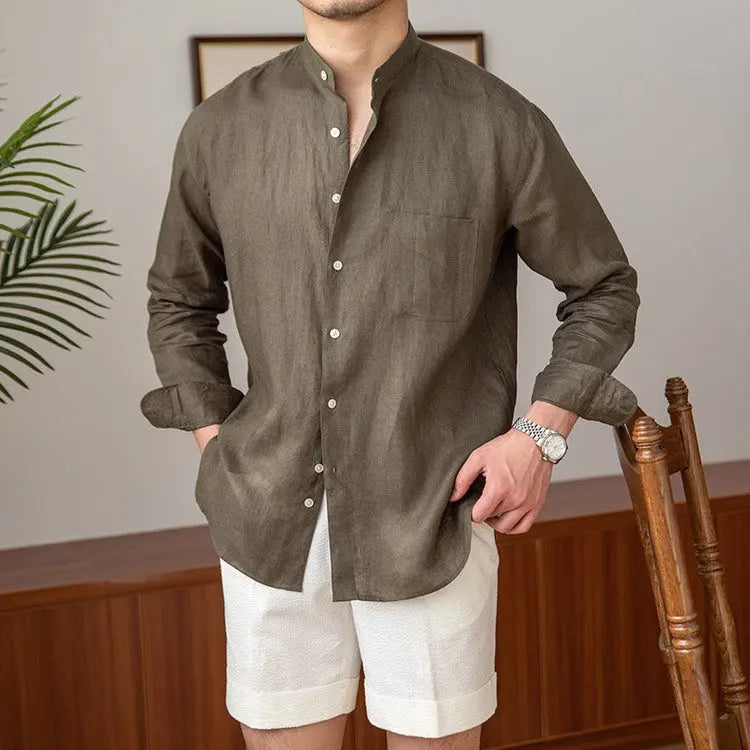 Mandarin Colar Linen Shirt - Cross & Crown Cross & Crown