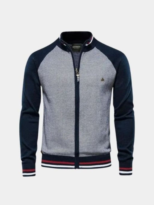 Zipper Color Block Standing Collar Cardigan Sweater - Cross & Crown - Cross & Crown
